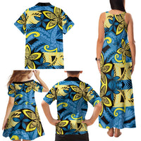 Plumeria Polynesian Pattern Family Matching Tank Maxi Dress and Hawaiian Shirt Unique Fantasy Blue Yellow