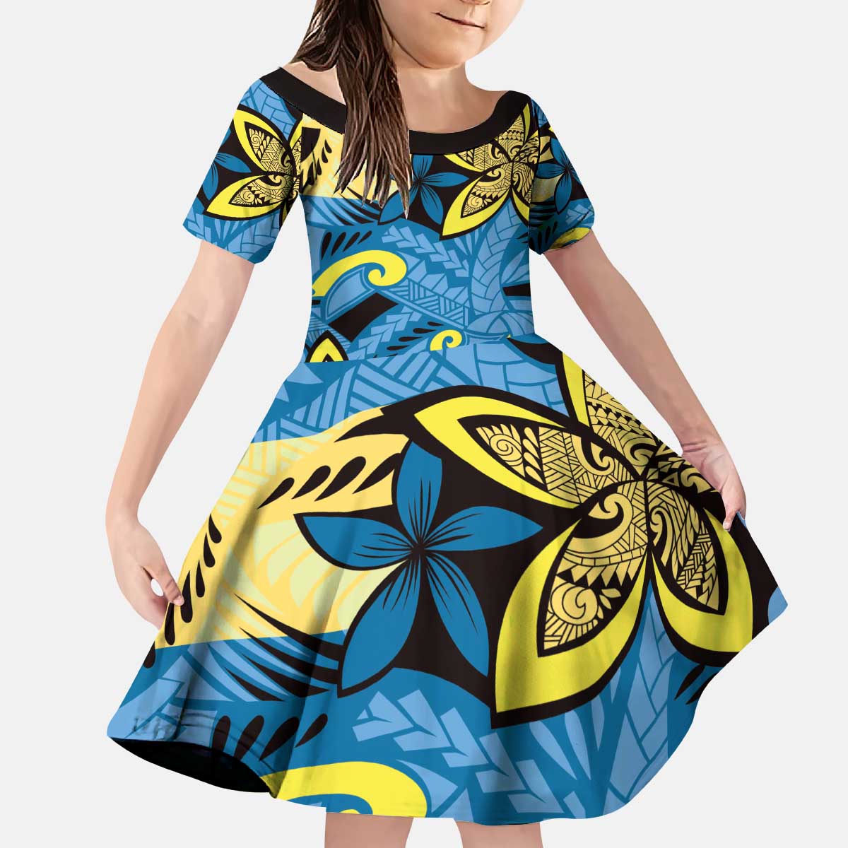 Plumeria Polynesian Pattern Kid Short Sleeve Dress Unique Fantasy Blue Yellow LT01 KID Blue - Polynesian Pride