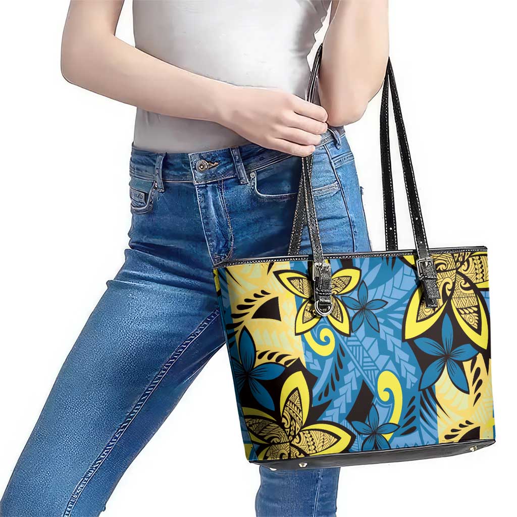 Plumeria Polynesian Pattern Leather Tote Bag Unique Fantasy Blue Yellow