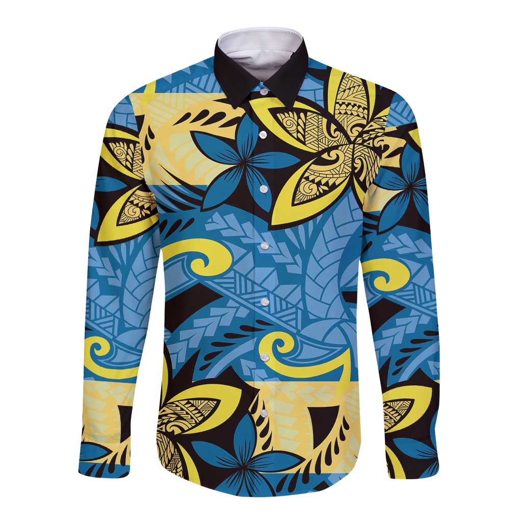 Plumeria Polynesian Pattern Long Sleeve Button Shirt Unique Fantasy Blue Yellow LT01 Unisex Blue - Polynesian Pride