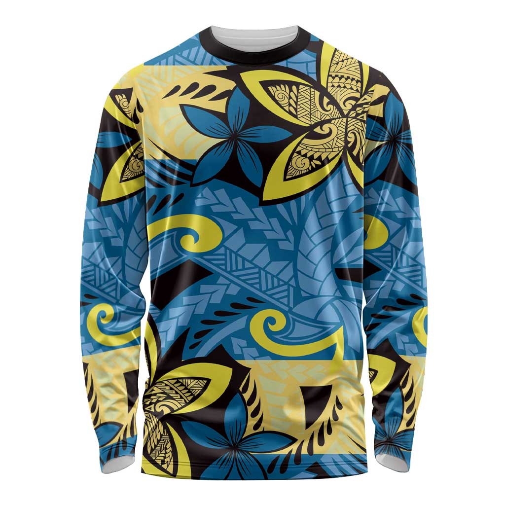 Plumeria Polynesian Pattern Long Sleeve Shirt Unique Fantasy Blue Yellow