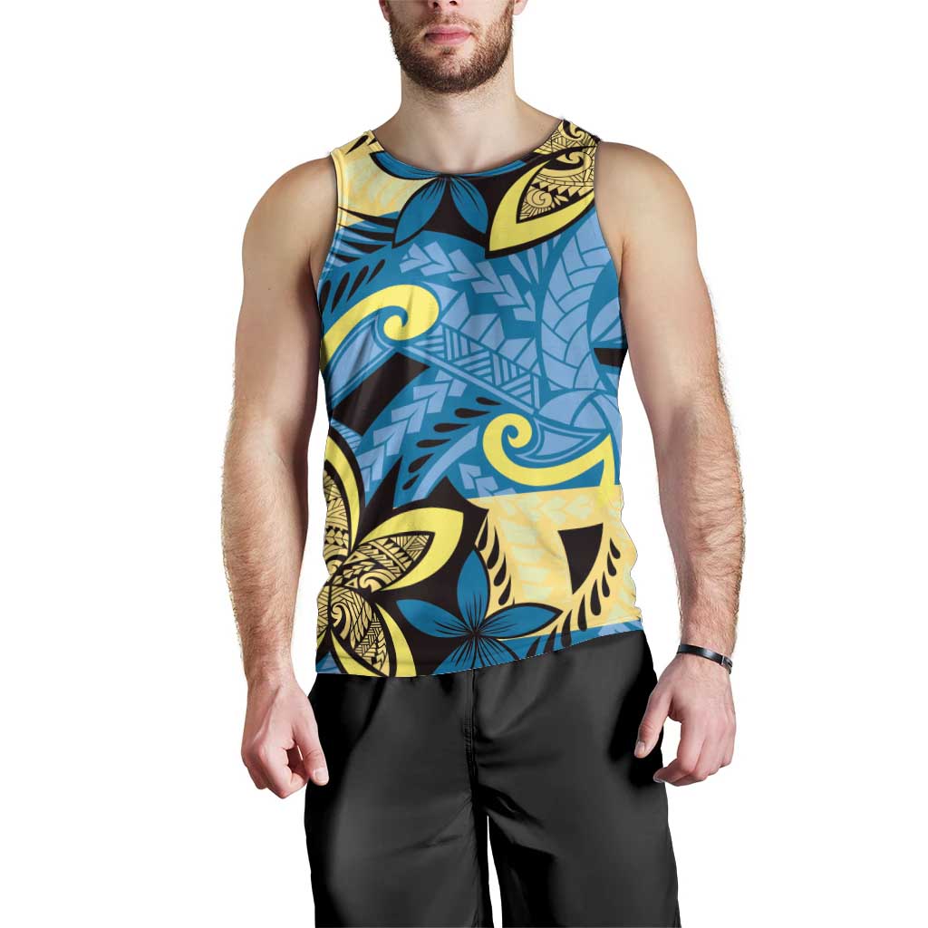 Plumeria Polynesian Pattern Men Tank Top Unique Fantasy Blue Yellow