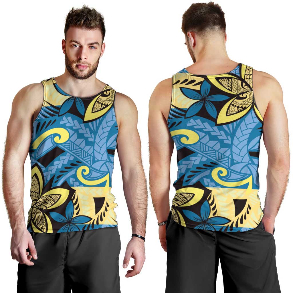 Plumeria Polynesian Pattern Men Tank Top Unique Fantasy Blue Yellow