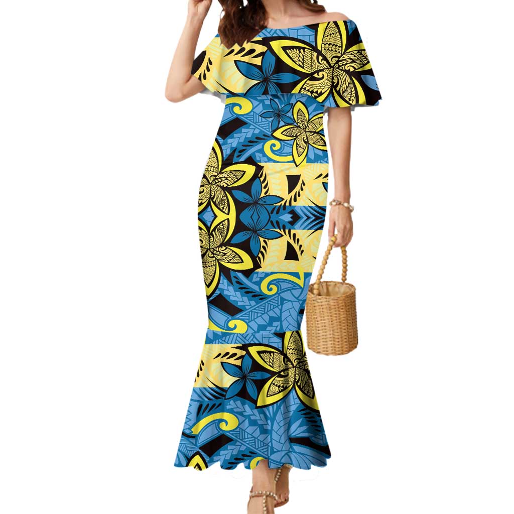 Plumeria Polynesian Pattern Mermaid Dress Unique Fantasy Blue Yellow