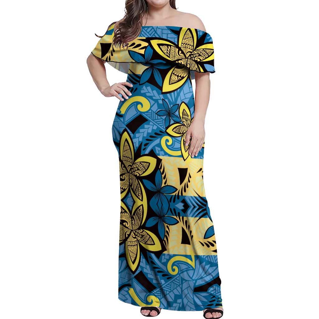 Plumeria Polynesian Pattern Off Shoulder Maxi Dress Unique Fantasy Blue Yellow LT01 Women Blue - Polynesian Pride