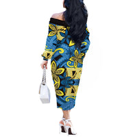 Plumeria Polynesian Pattern Off The Shoulder Long Sleeve Dress Unique Fantasy Blue Yellow