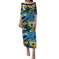 Plumeria Polynesian Pattern Puletasi Unique Fantasy Blue Yellow