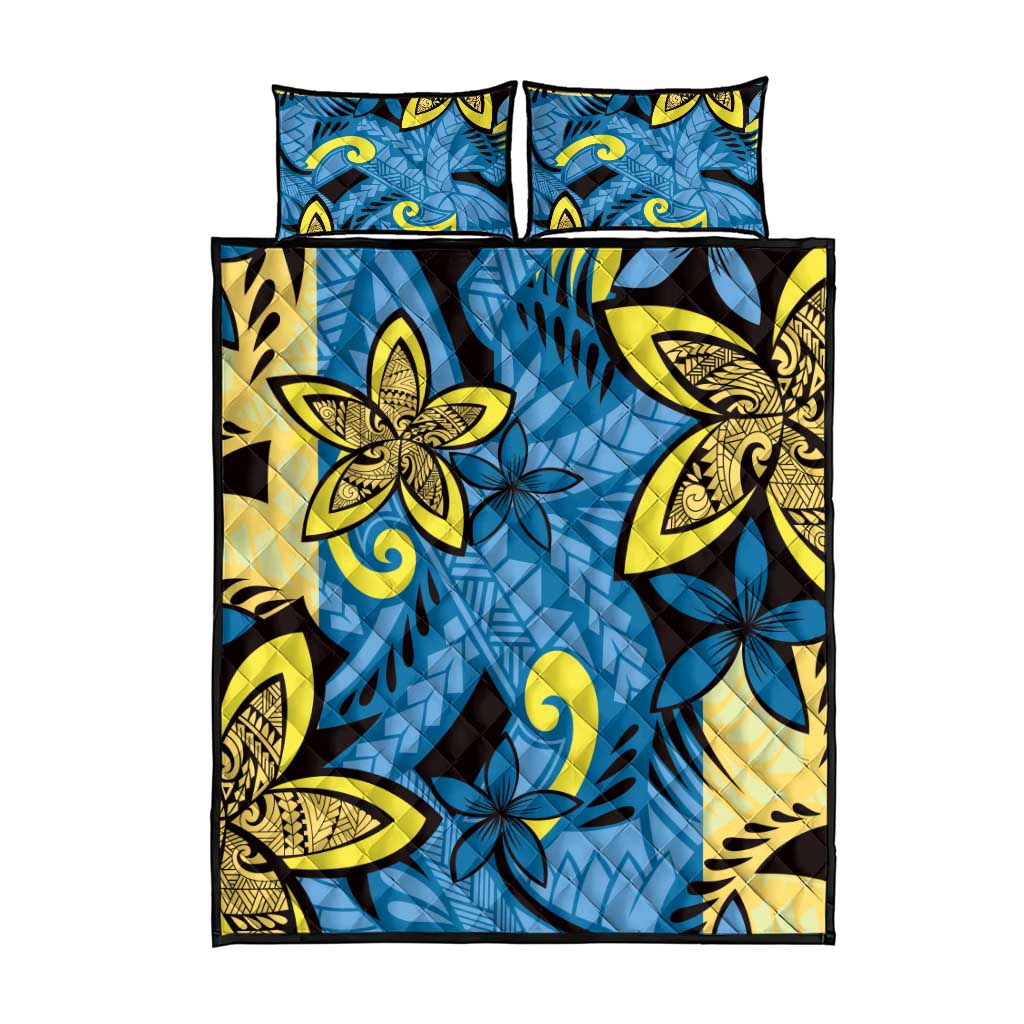 Plumeria Polynesian Pattern Quilt Bed Set Unique Fantasy Blue Yellow