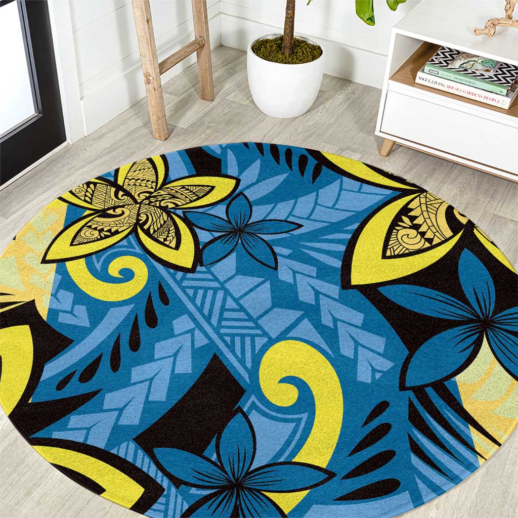 Plumeria Polynesian Pattern Round Carpet Unique Fantasy Blue Yellow