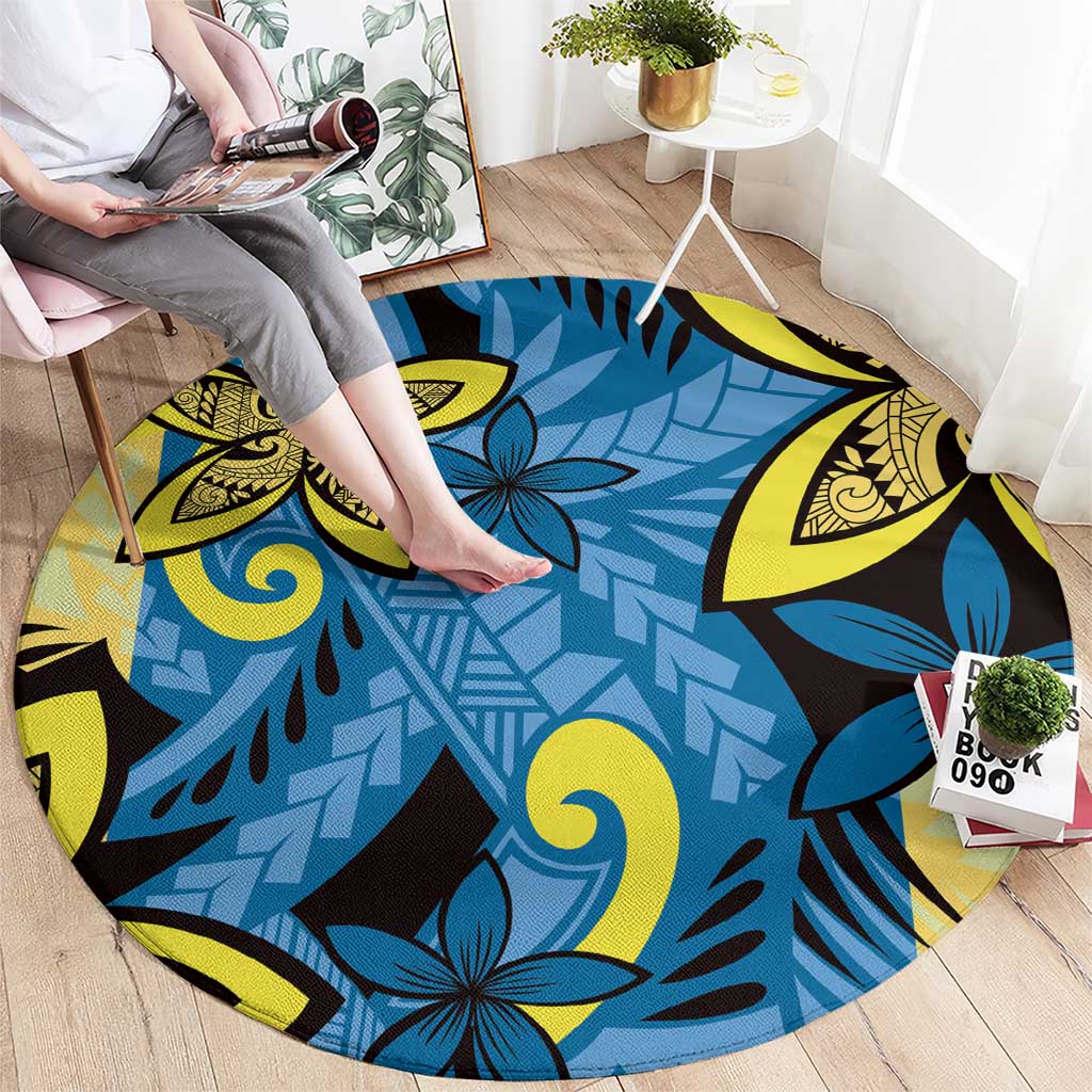 Plumeria Polynesian Pattern Round Carpet Unique Fantasy Blue Yellow
