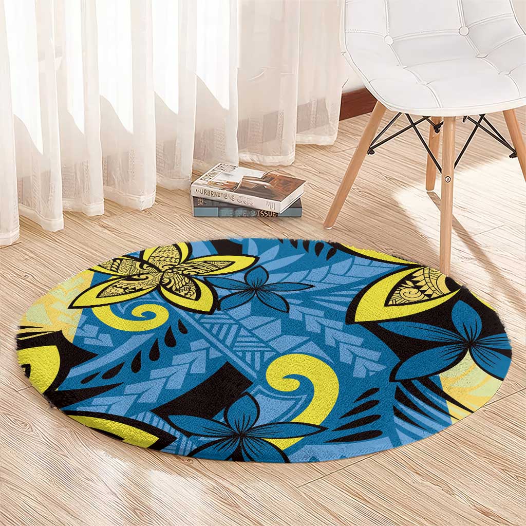 Plumeria Polynesian Pattern Round Carpet Unique Fantasy Blue Yellow