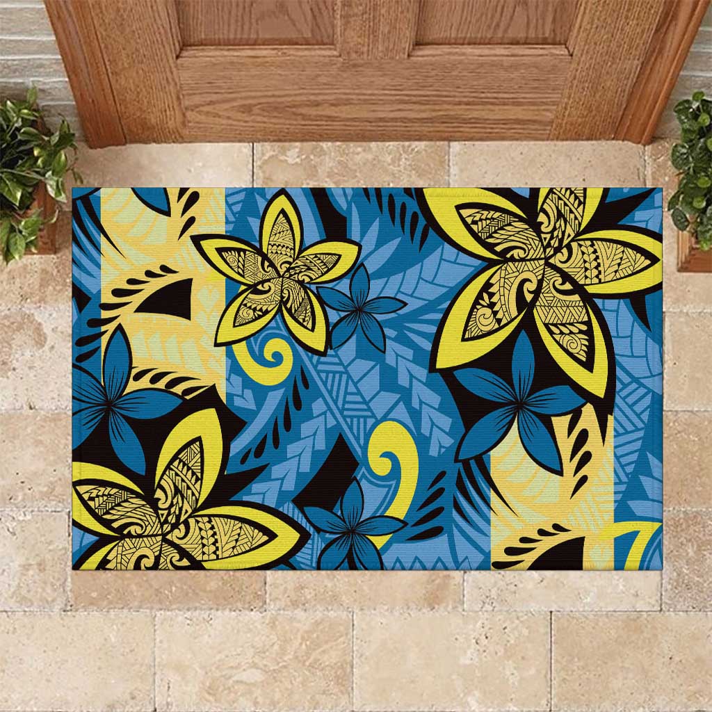 Plumeria Polynesian Pattern Rubber Doormat Unique Fantasy Blue Yellow LT01 Blue - Polynesian Pride