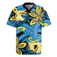 Plumeria Polynesian Pattern Rugby Jersey Unique Fantasy Blue Yellow
