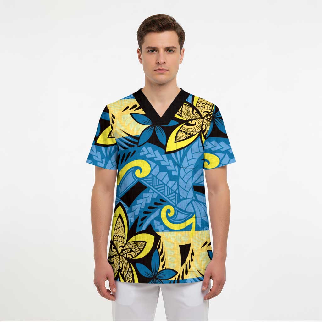 Plumeria Polynesian Pattern Scrub Top Unique Fantasy Blue Yellow - Polynesian Pride