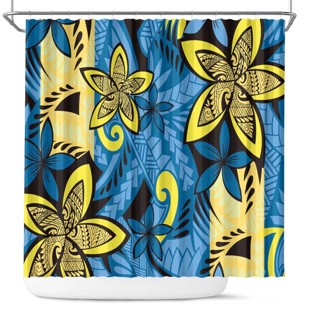 Plumeria Polynesian Pattern Shower Curtain Unique Fantasy Blue Yellow