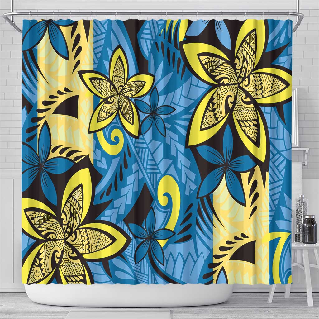 Plumeria Polynesian Pattern Shower Curtain Unique Fantasy Blue Yellow