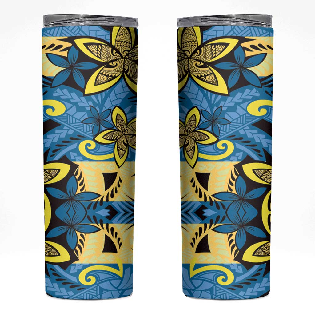 Plumeria Polynesian Pattern Skinny Tumbler Unique Fantasy Blue Yellow