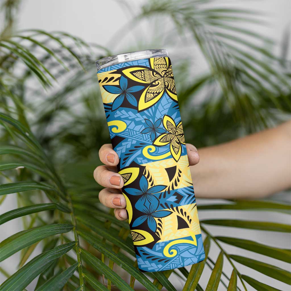 Plumeria Polynesian Pattern Skinny Tumbler Unique Fantasy Blue Yellow