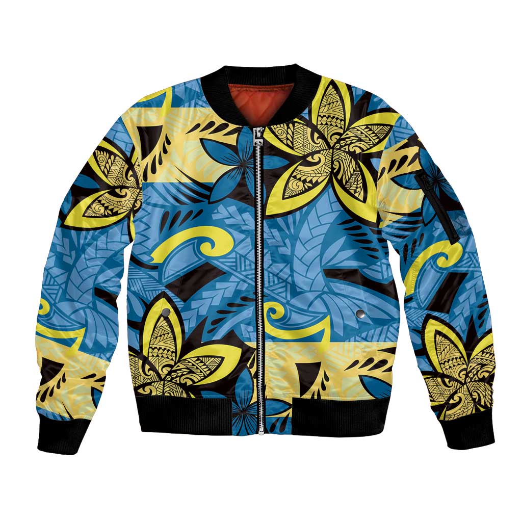 Plumeria Polynesian Pattern Sleeve Zip Bomber Jacket Unique Fantasy Blue Yellow