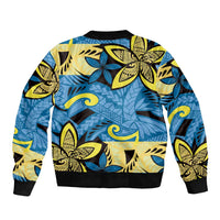 Plumeria Polynesian Pattern Sleeve Zip Bomber Jacket Unique Fantasy Blue Yellow
