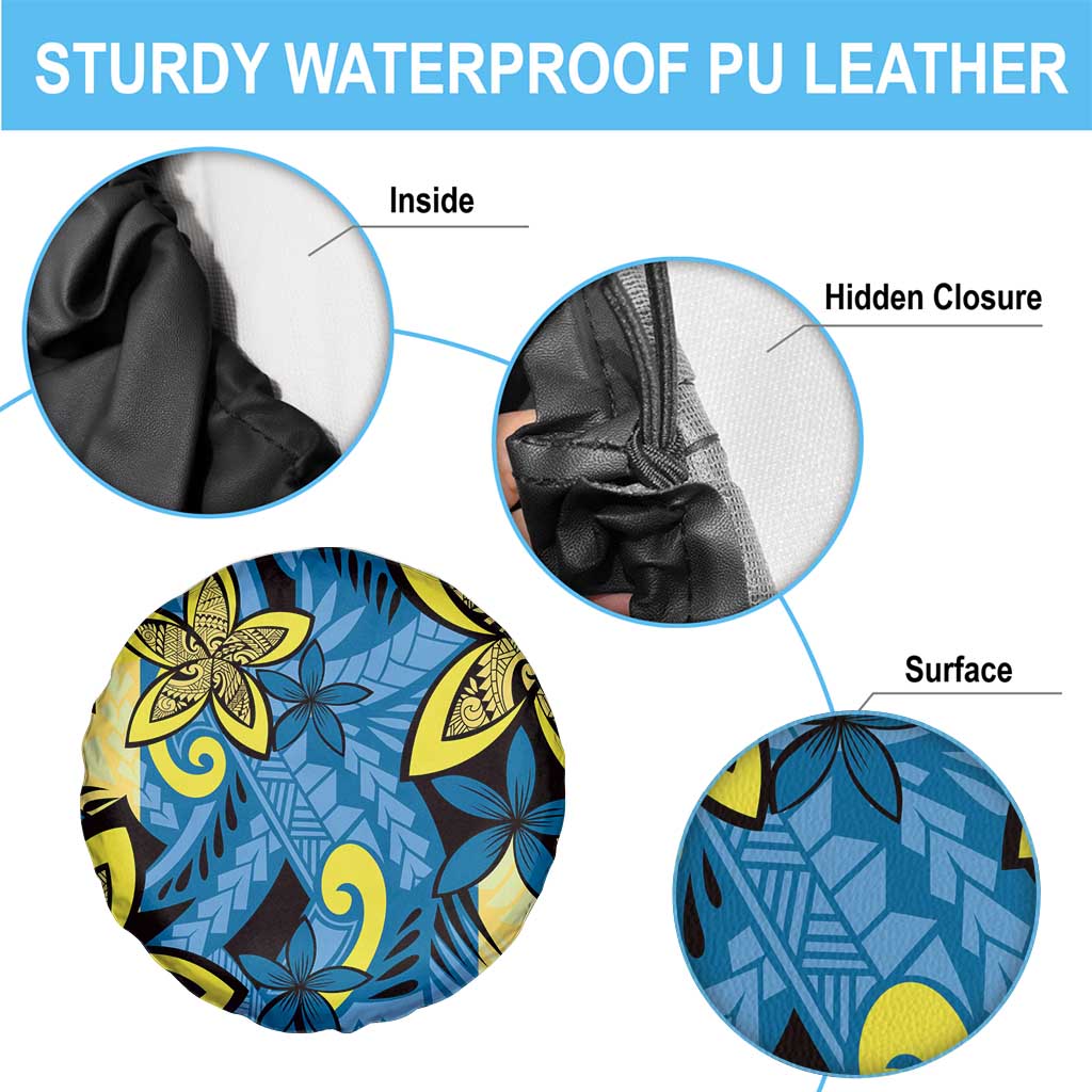 Plumeria Polynesian Pattern Spare Tire Cover Unique Fantasy Blue Yellow