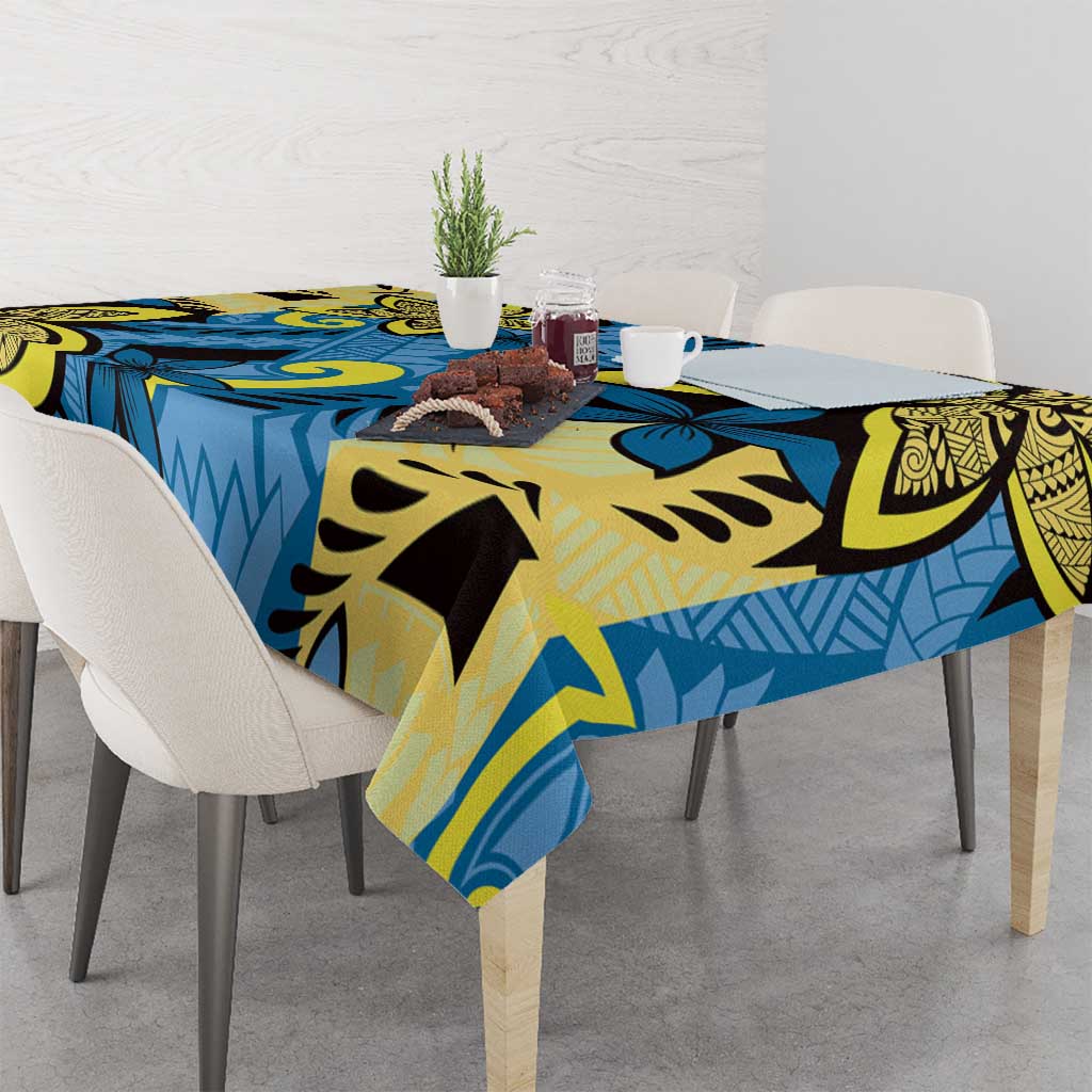 Plumeria Polynesian Pattern Tablecloth Unique Fantasy Blue Yellow
