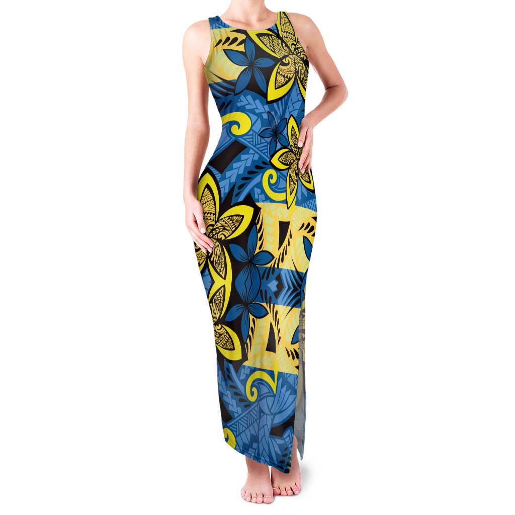 Plumeria Polynesian Pattern Tank Maxi Dress Unique Fantasy Blue Yellow