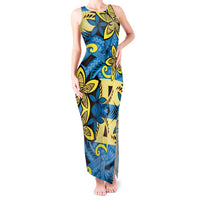 Plumeria Polynesian Pattern Tank Maxi Dress Unique Fantasy Blue Yellow