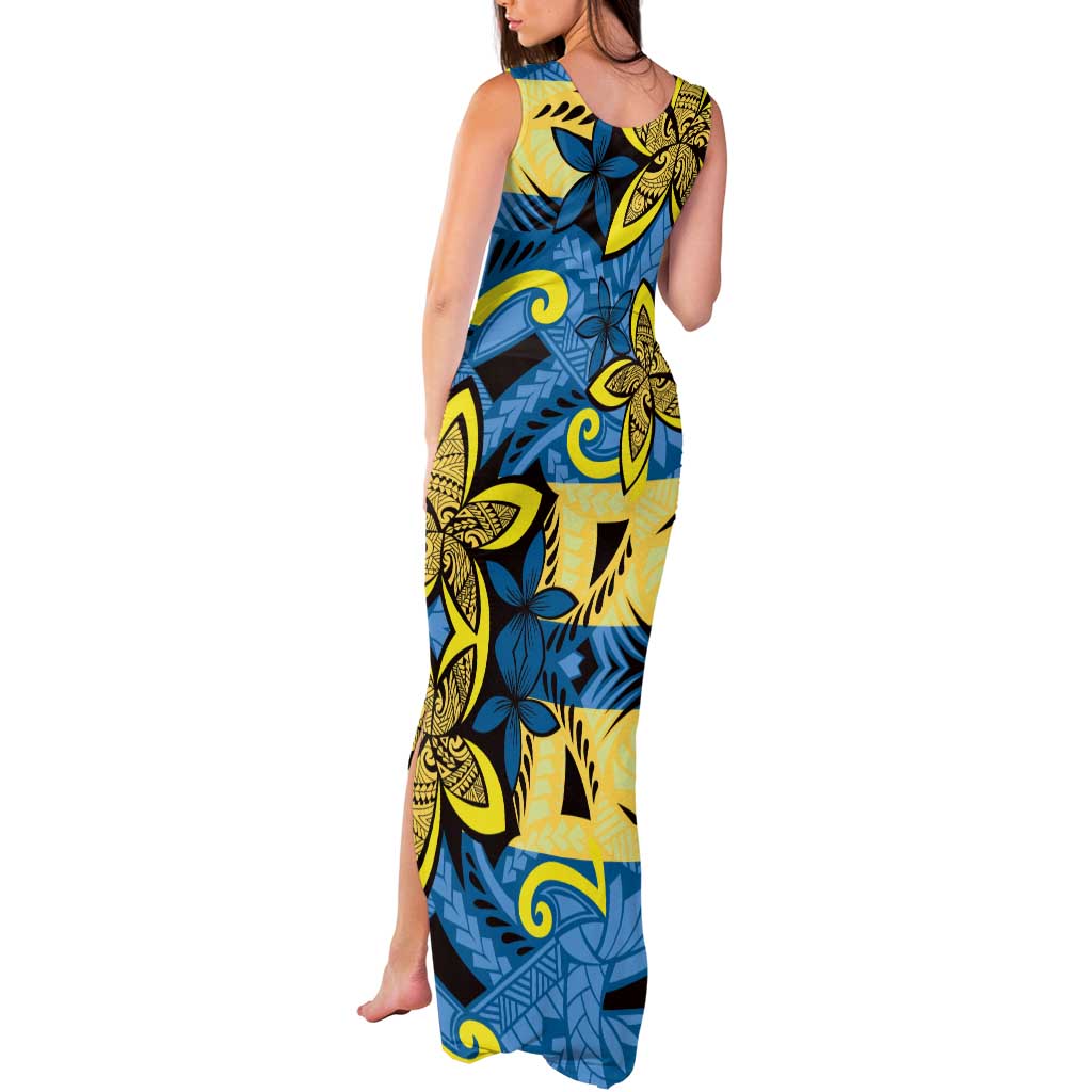 Plumeria Polynesian Pattern Tank Maxi Dress Unique Fantasy Blue Yellow