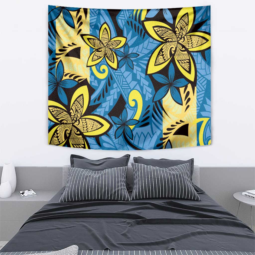 Plumeria Polynesian Pattern Tapestry Unique Fantasy Blue Yellow