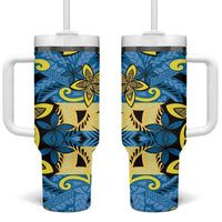 Plumeria Polynesian Pattern Tumbler With Handle Unique Fantasy Blue Yellow
