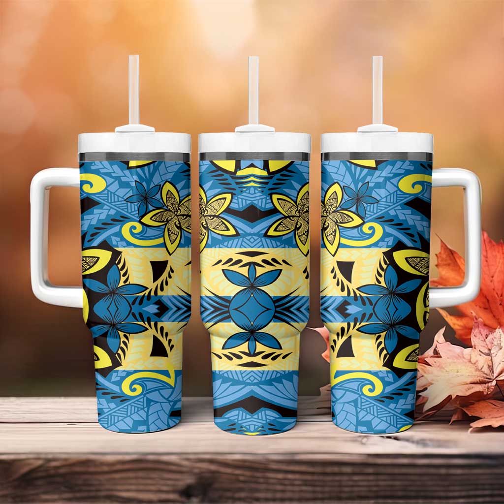 Plumeria Polynesian Pattern Tumbler With Handle Unique Fantasy Blue Yellow