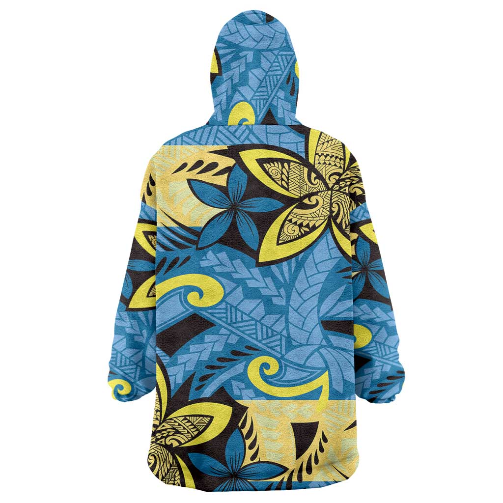 Plumeria Polynesian Pattern Wearable Blanket Hoodie Unique Fantasy Blue Yellow