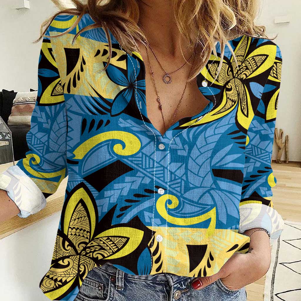 Plumeria Polynesian Pattern Women Casual Shirt Unique Fantasy Blue Yellow