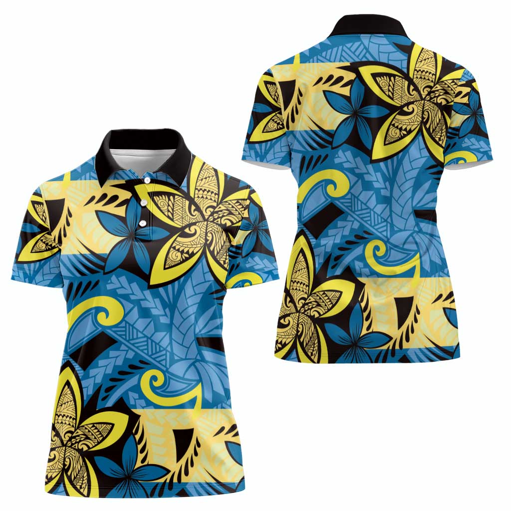 Plumeria Polynesian Pattern Women Polo Shirt Unique Fantasy Blue Yellow