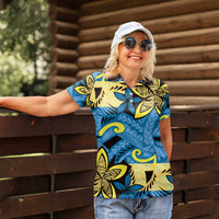 Plumeria Polynesian Pattern Women Polo Shirt Unique Fantasy Blue Yellow