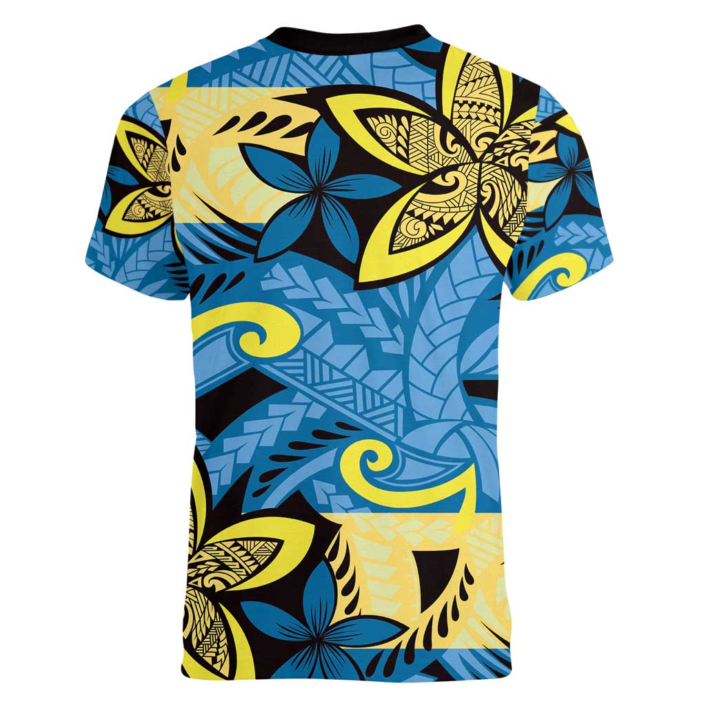 Plumeria Polynesian Pattern Women V-Neck T-Shirt Unique Fantasy Blue Yellow LT01 - Polynesian Pride