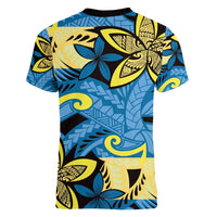 Plumeria Polynesian Pattern Women V-Neck T-Shirt Unique Fantasy Blue Yellow LT01 - Polynesian Pride