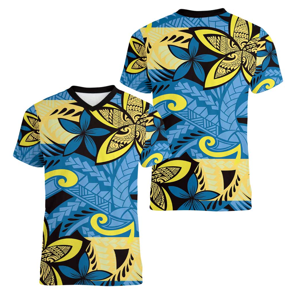 Plumeria Polynesian Pattern Women V-Neck T-Shirt Unique Fantasy Blue Yellow LT01 - Polynesian Pride
