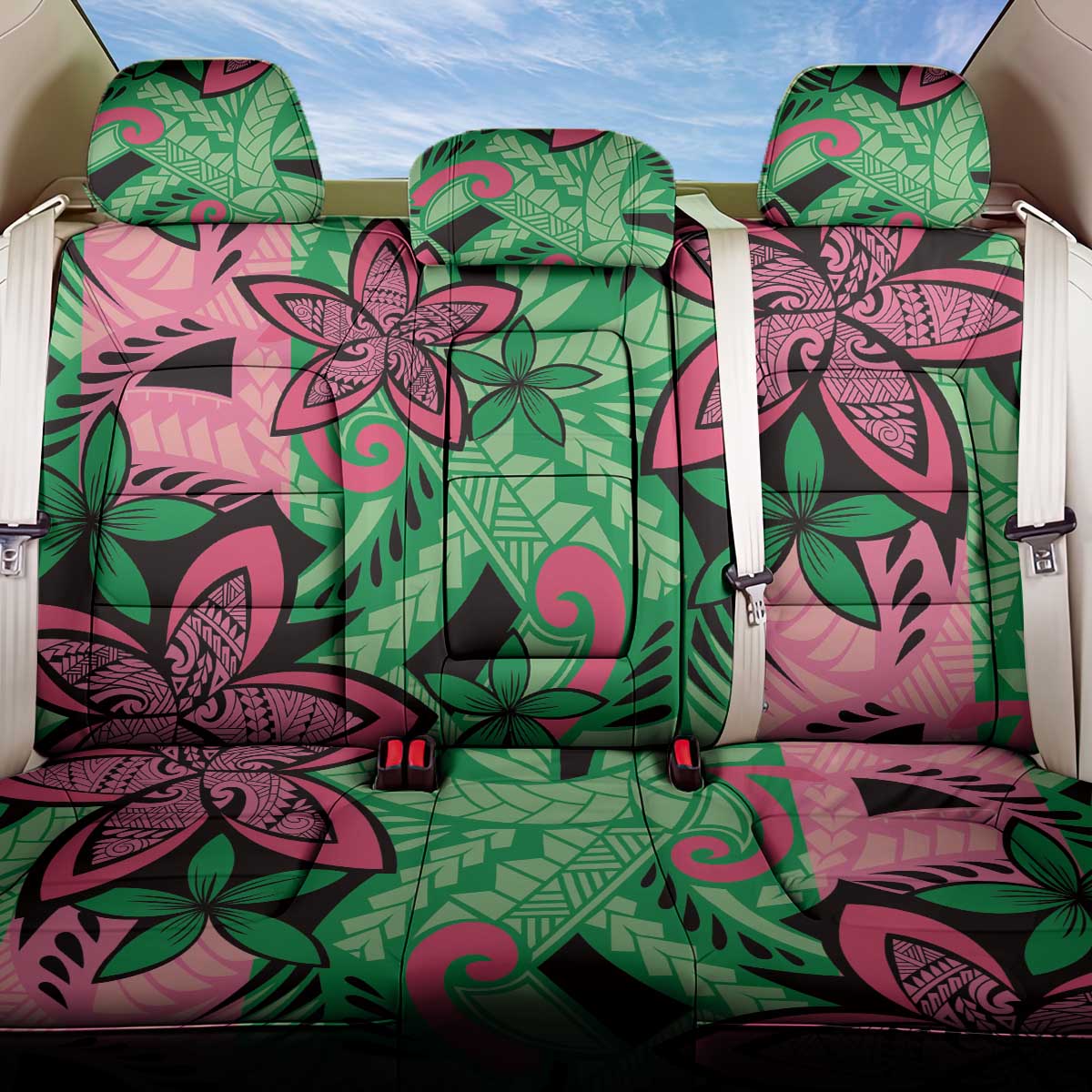 Plumeria Polynesian Pattern Back Car Seat Cover Unique Fantasy Green Pink