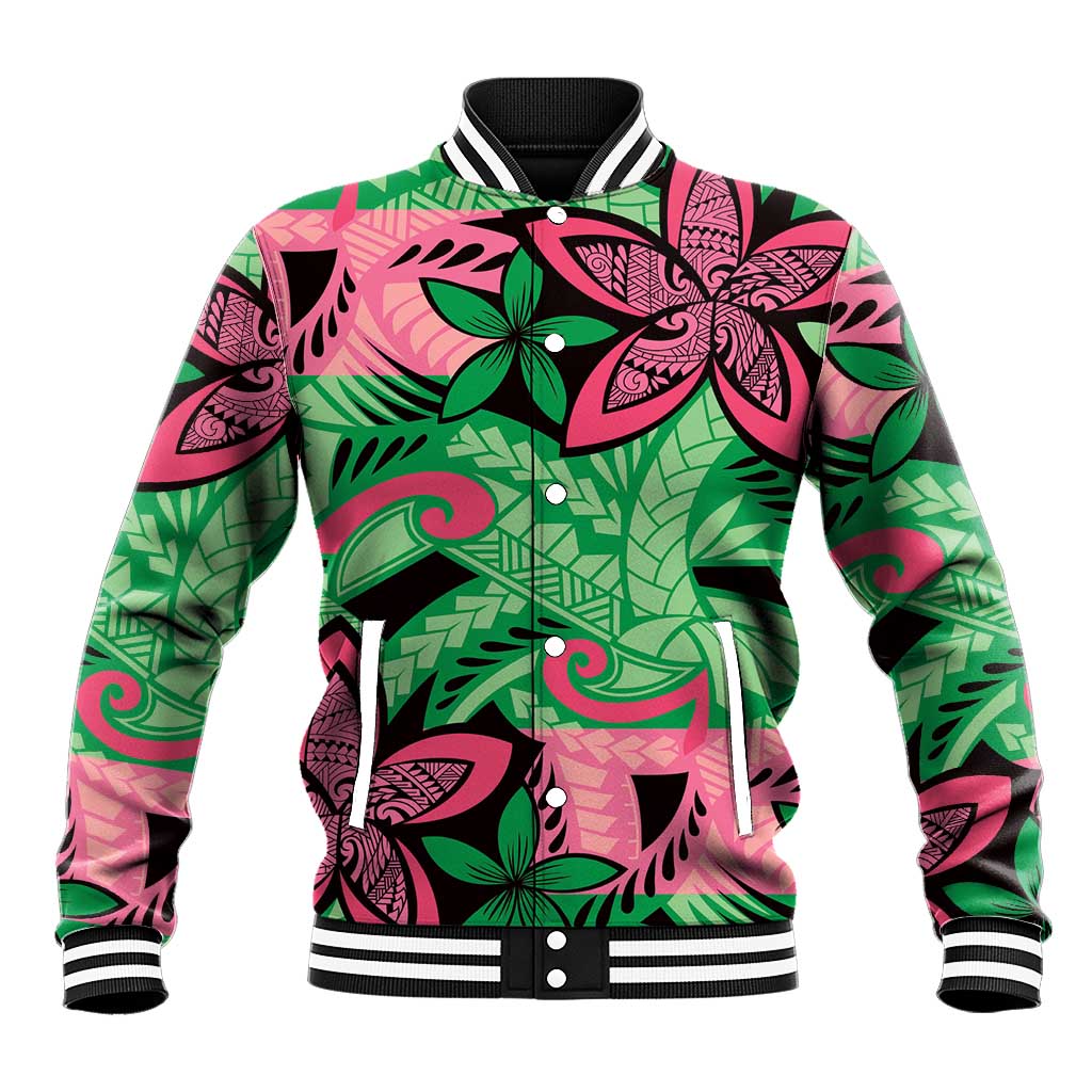 Plumeria Polynesian Pattern Baseball Jacket Unique Fantasy Green Pink LT01 Unisex Green - Polynesian Pride