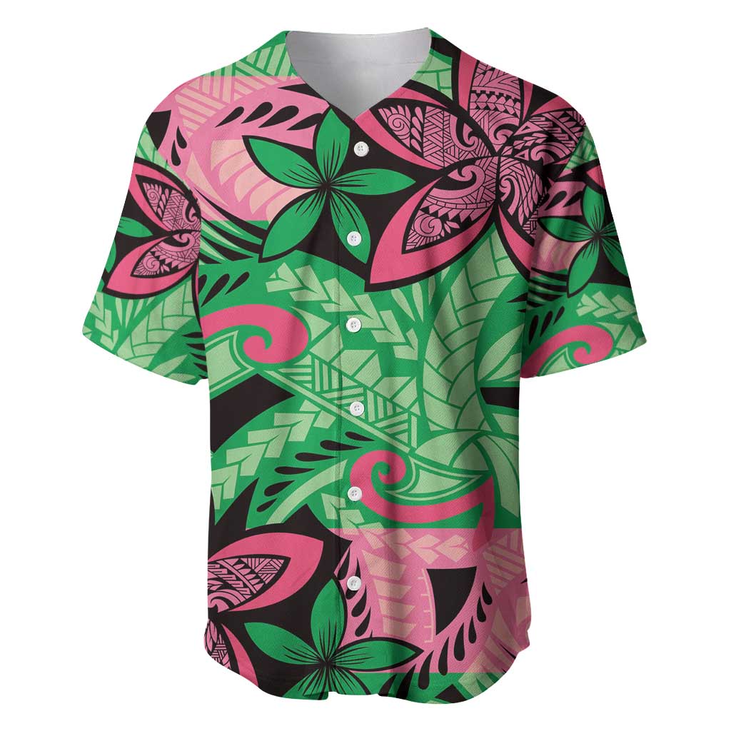 Plumeria Polynesian Pattern Baseball Jersey Unique Fantasy Green Pink LT01 Green - Polynesian Pride