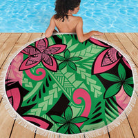 Plumeria Polynesian Pattern Beach Blanket Unique Fantasy Green Pink