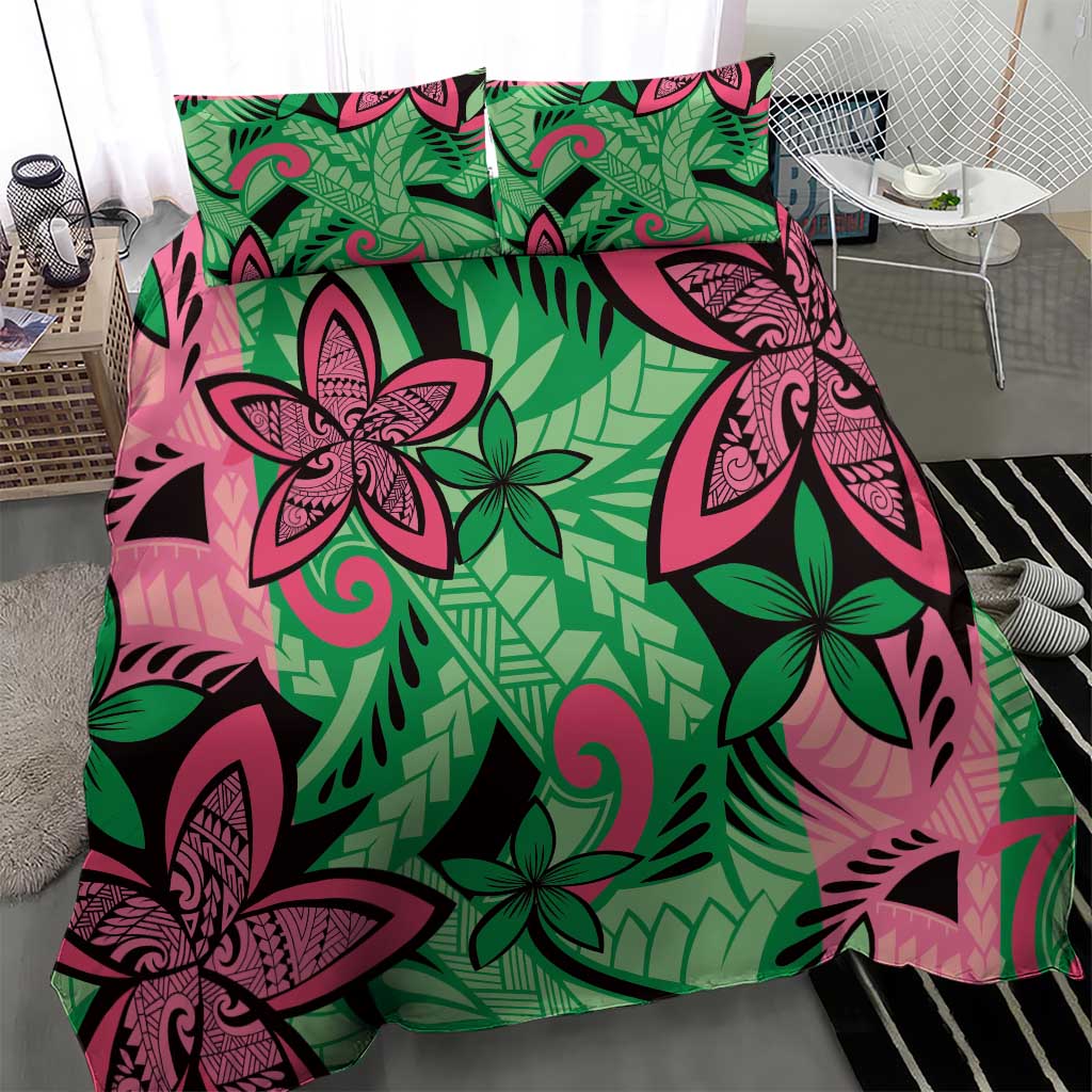 Plumeria Polynesian Pattern Bedding Set Unique Fantasy Green Pink