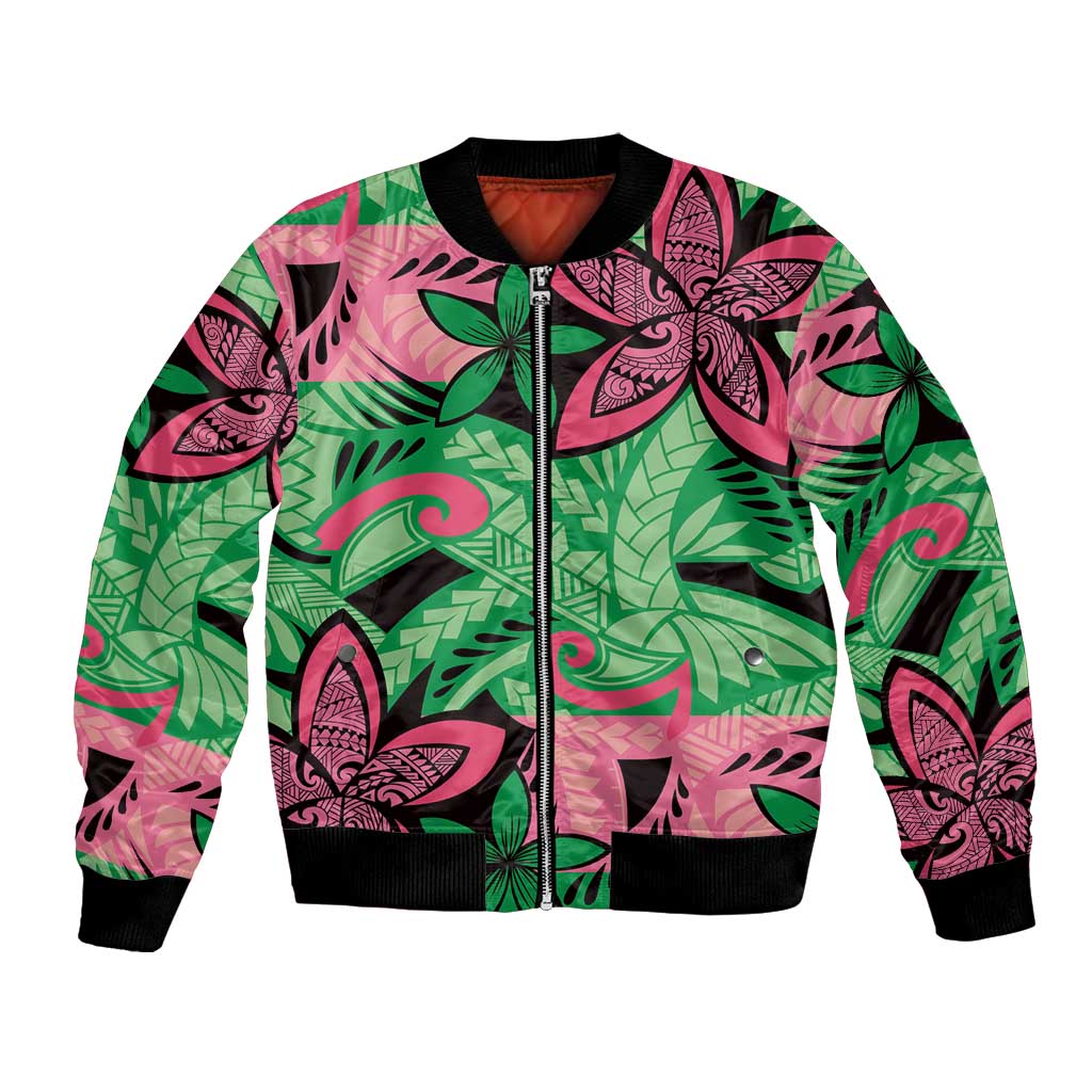 Plumeria Polynesian Pattern Bomber Jacket Unique Fantasy Green Pink