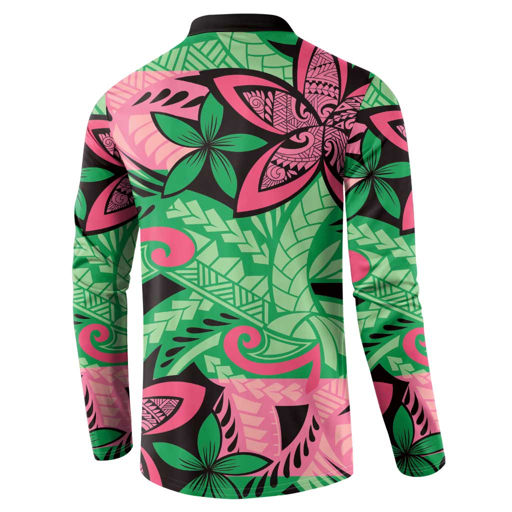 Plumeria Polynesian Pattern Button Sweatshirt Unique Fantasy Green Pink