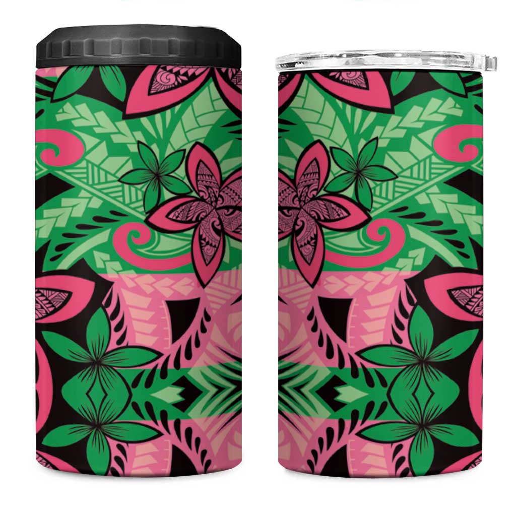 Plumeria Polynesian Pattern 4 in 1 Can Cooler Tumbler Unique Fantasy Green Pink