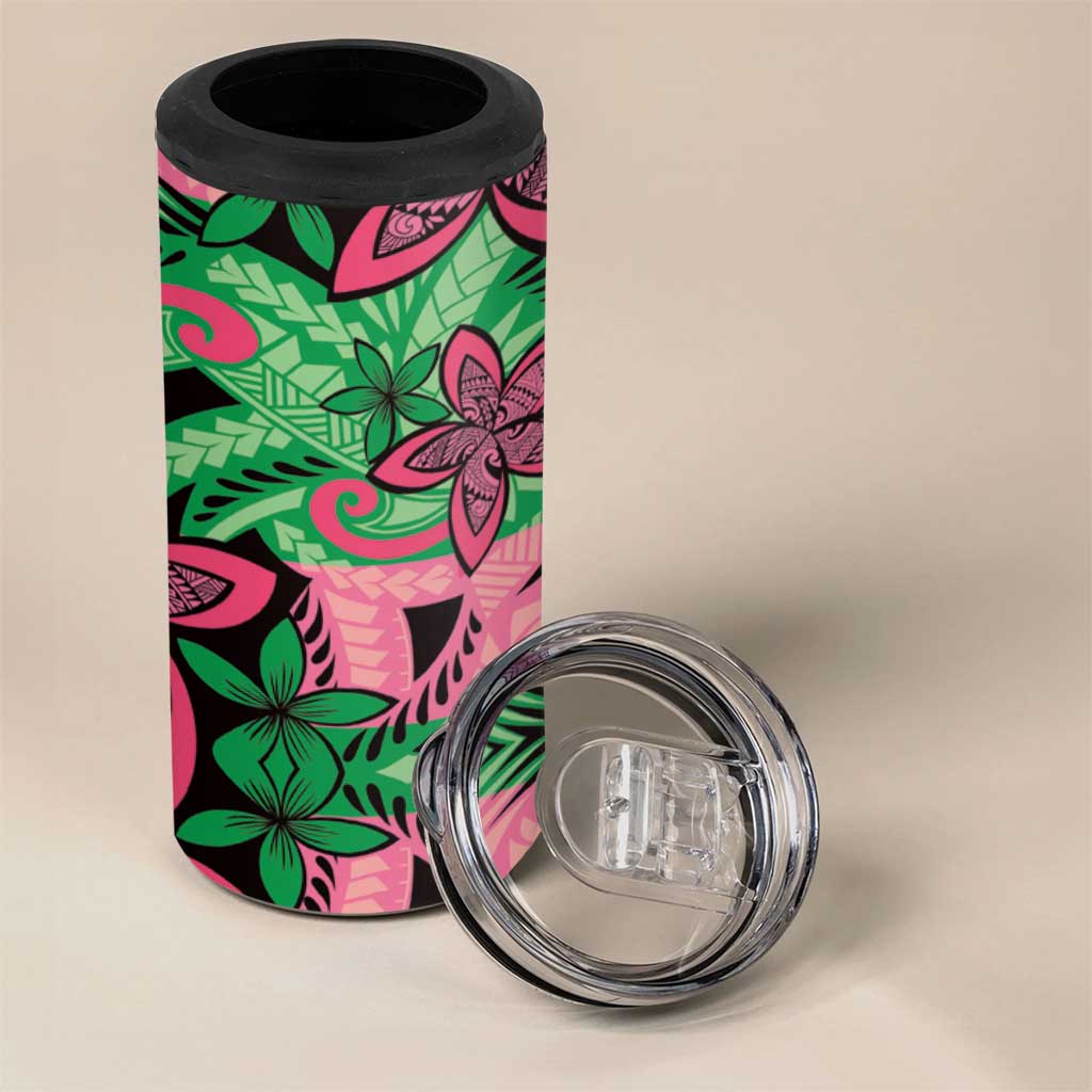 Plumeria Polynesian Pattern 4 in 1 Can Cooler Tumbler Unique Fantasy Green Pink