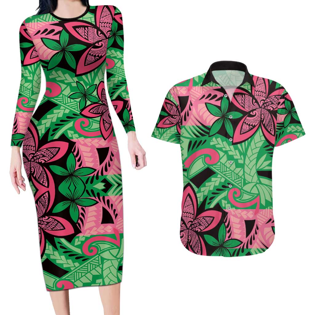 Plumeria Polynesian Pattern Couples Matching Long Sleeve Bodycon Dress and Hawaiian Shirt Unique Fantasy Green Pink