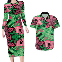 Plumeria Polynesian Pattern Couples Matching Long Sleeve Bodycon Dress and Hawaiian Shirt Unique Fantasy Green Pink
